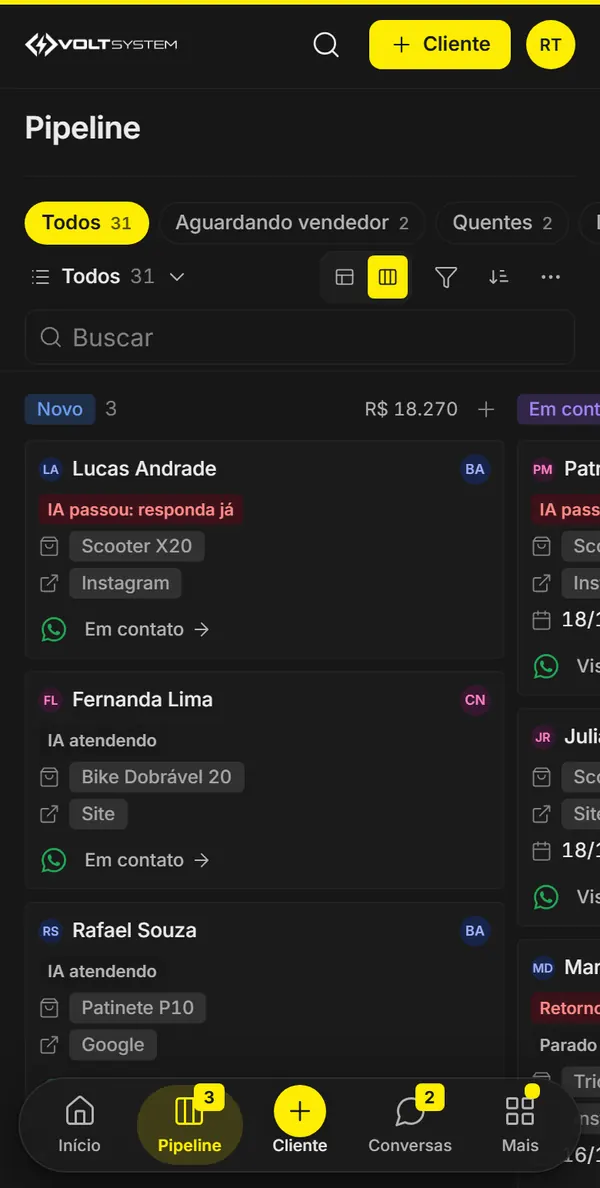 O funil de clientes aberto no celular, com as etapas de cada cliente